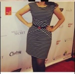 Slimming black and white striped dress